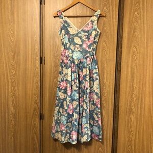 Reyn Spooner Blue Floral V-Neck Midi Dress with Pink & Cream Blooms